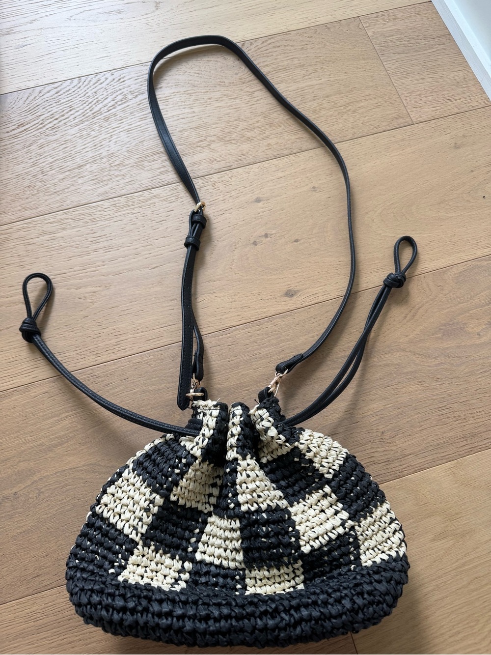 Universal Thread Black and Cream Checkered Woven Drawstring Crossbody
